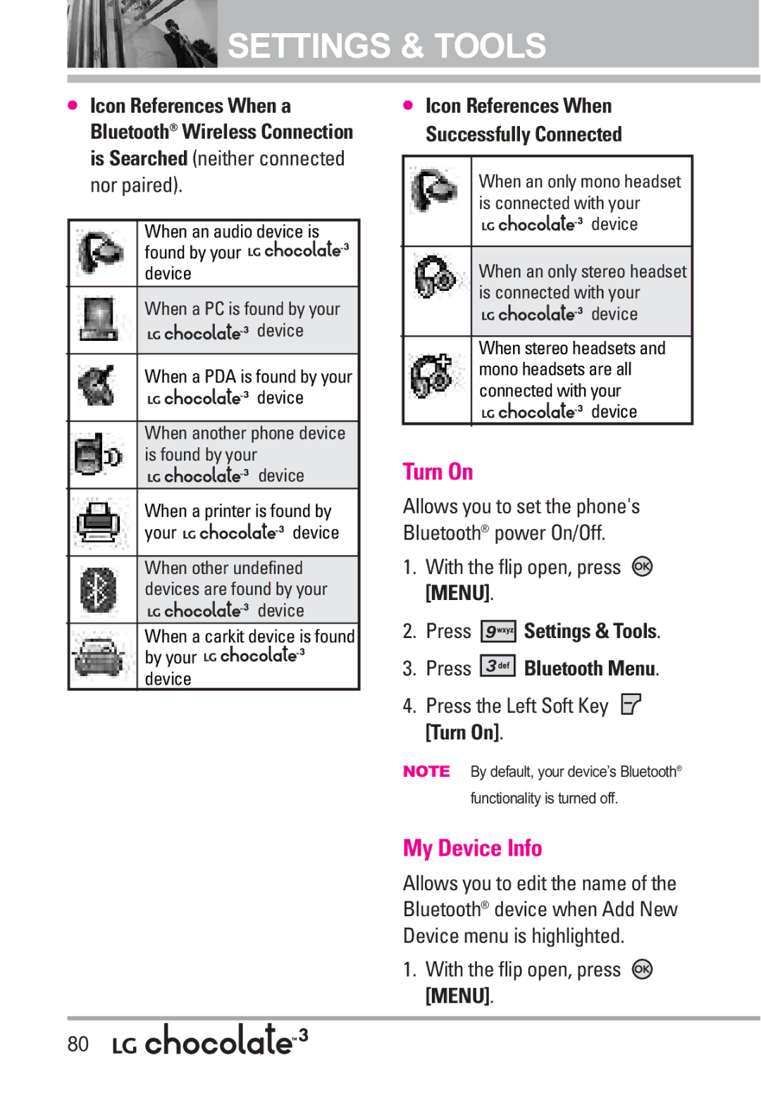 LG Electronics 3 manual My Device Info, Press Settings & Tools Press Bluetooth Menu, Press the Left Soft Key Turn On 