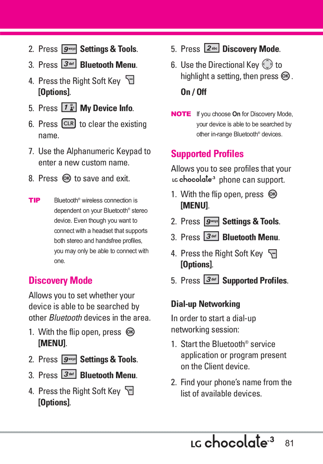 LG Electronics 3 manual Discovery Mode, Supported Profiles 