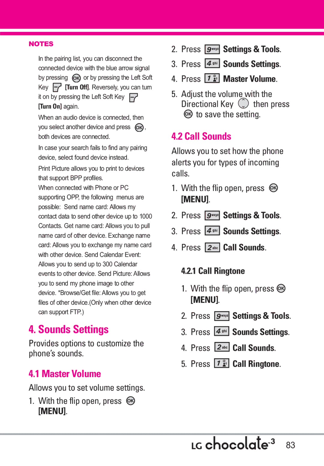 LG Electronics 3 manual Sounds Settings, Master Volume, Call Sounds, Calls With the flip open, press Menu 