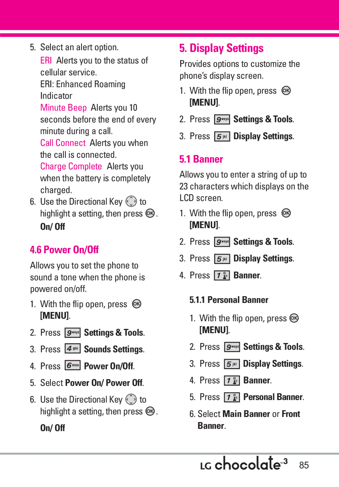 LG Electronics 3 manual Display Settings, Power On/Off, Banner 