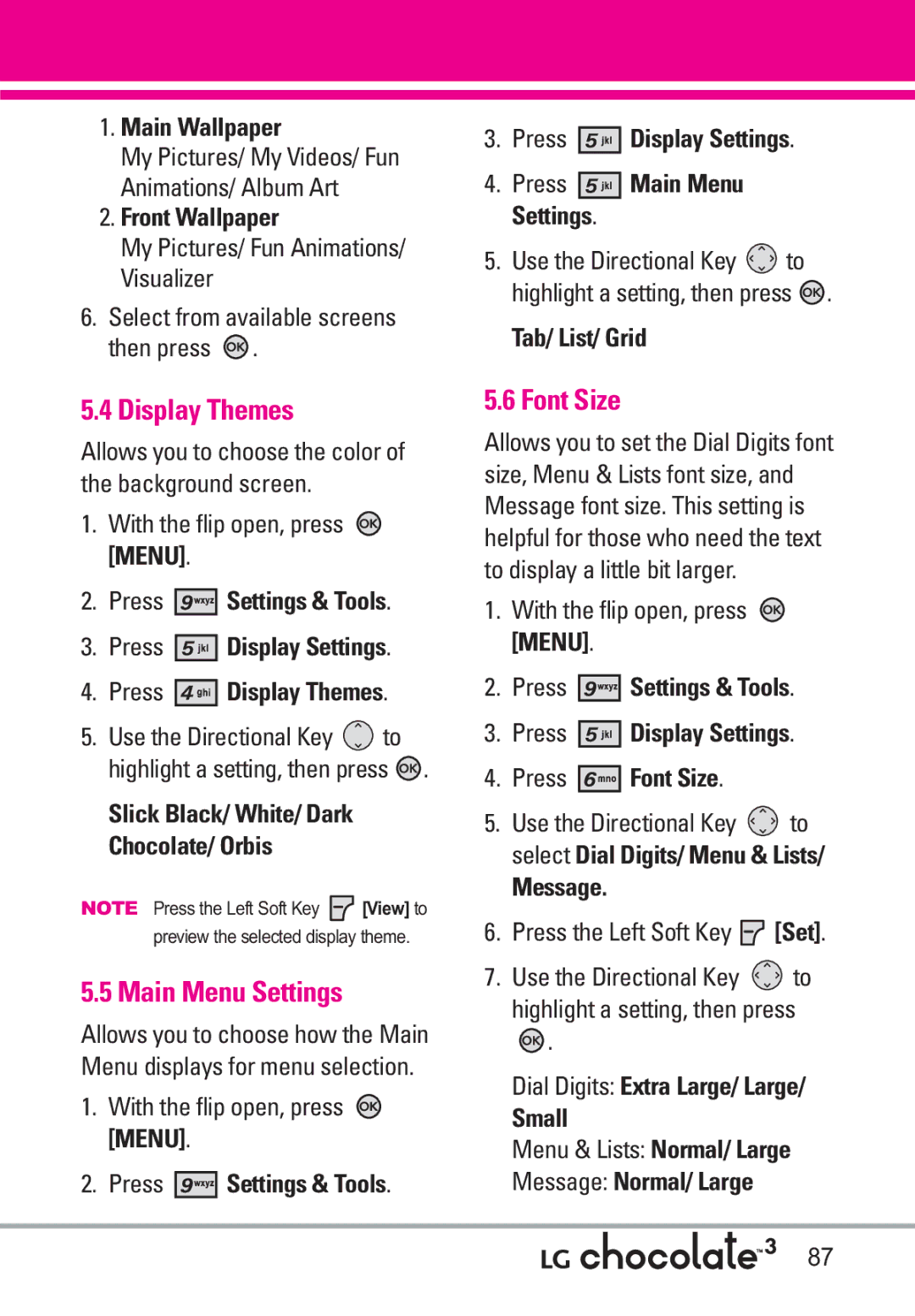 LG Electronics 3 manual Display Themes, Main Menu Settings, Font Size 