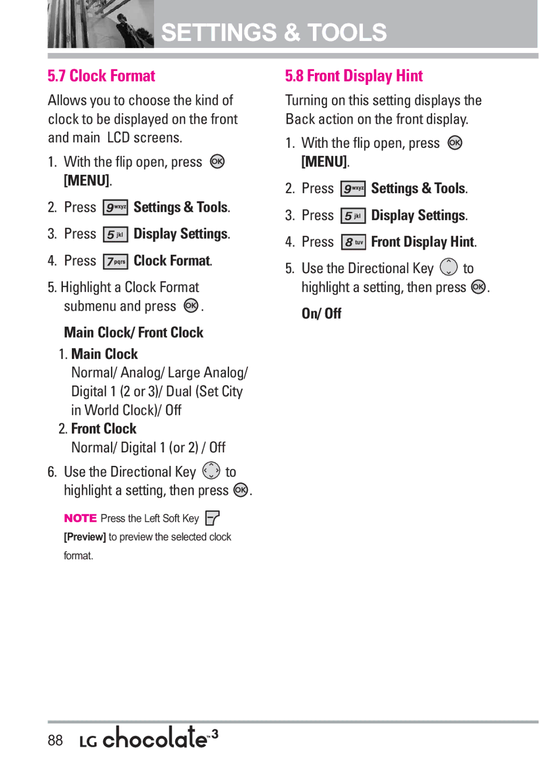 LG Electronics 3 manual Front Display Hint, Press Display Settings Press Clock Format, Main Clock/ Front Clock 