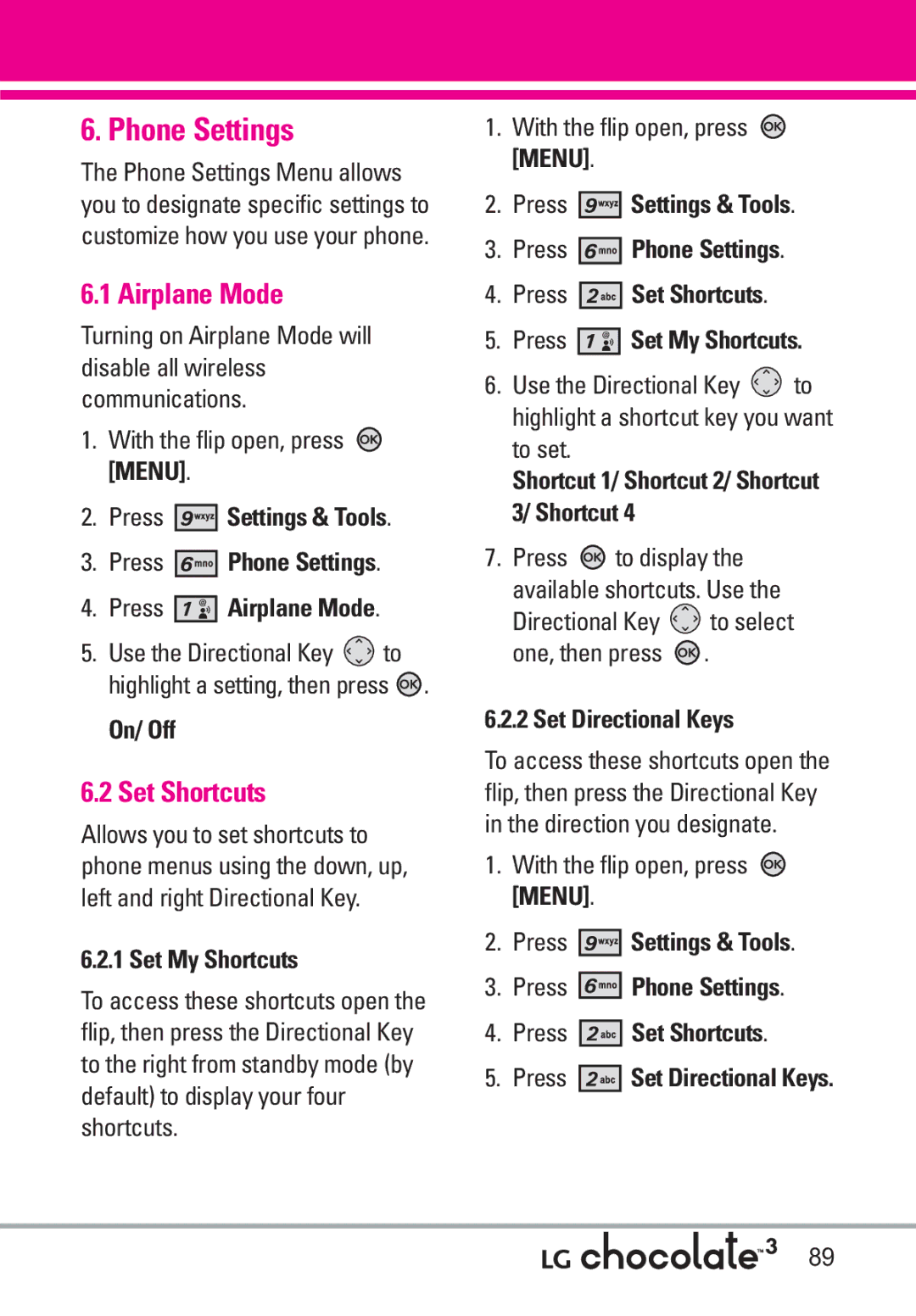 LG Electronics 3 manual Phone Settings, Airplane Mode, Set Shortcuts 