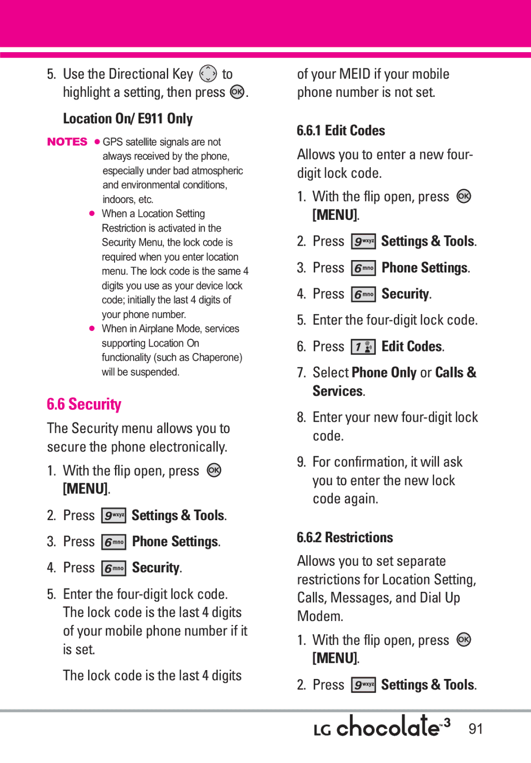 LG Electronics 3 manual Security 