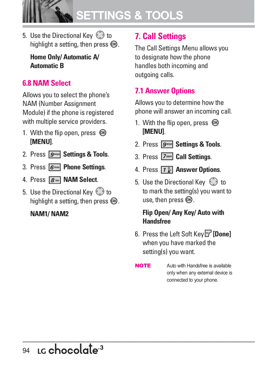 LG Electronics 3 manual Call Settings, Answer Options, Press Phone Settings Press NAM Select 