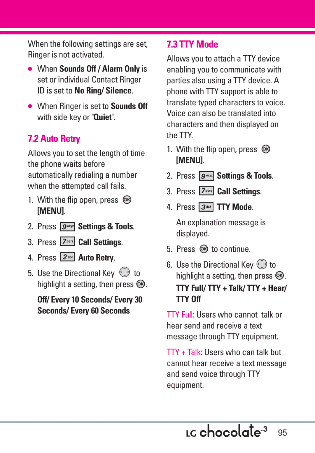 LG Electronics 3 manual TTY Mode, Press Call Settings Press Auto Retry, TTY Full/ TTY + Talk/ TTY + Hear/ TTY Off 