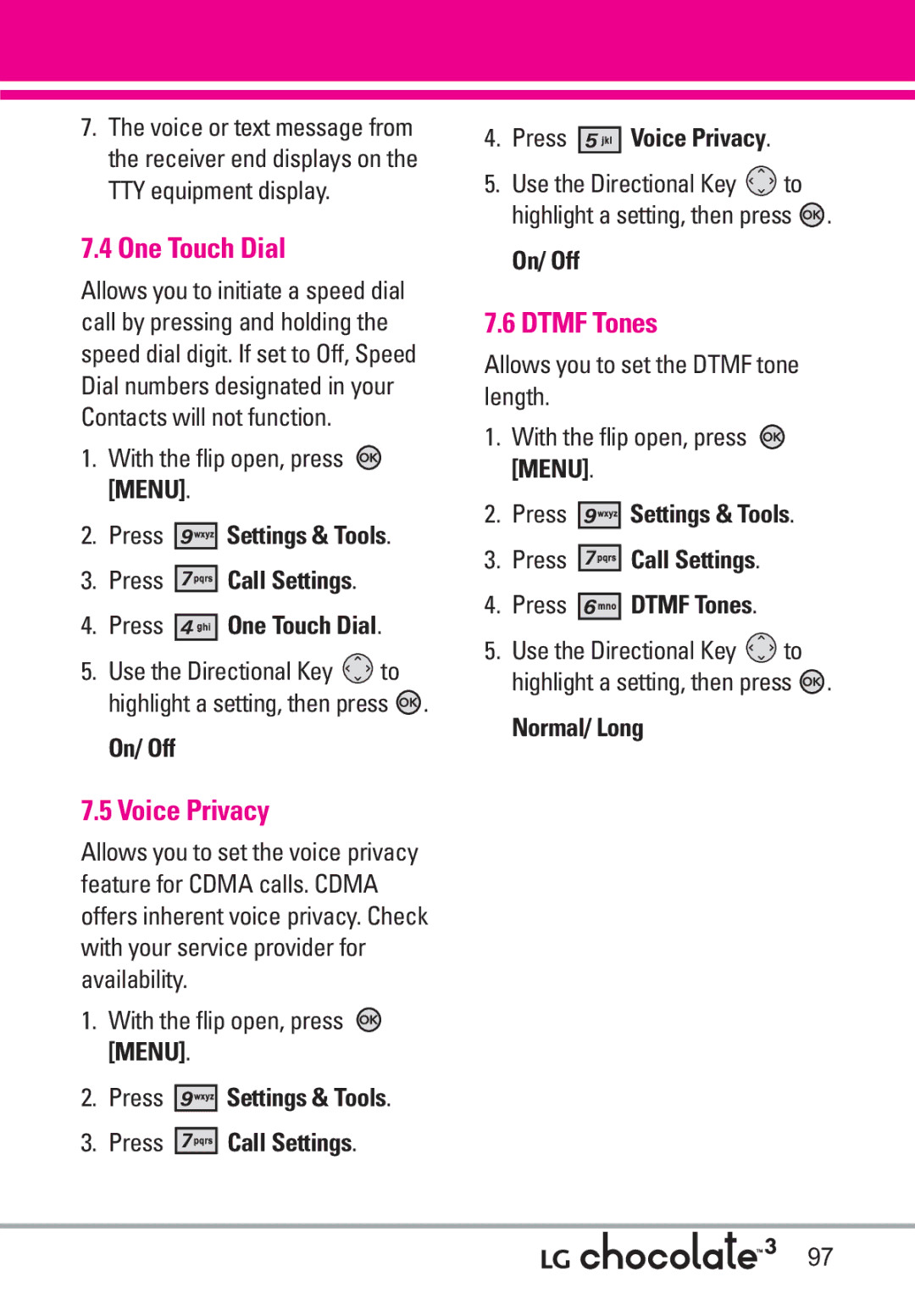 LG Electronics 3 manual One Touch Dial, Dtmf Tones, Voice Privacy 
