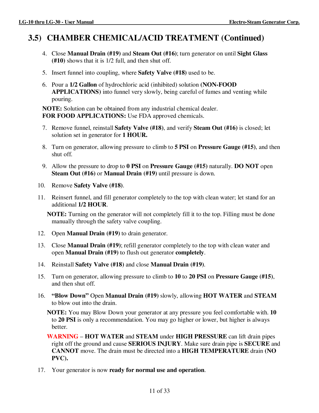 LG Electronics 10, 30 user manual Chamber CHEMICAL/ACID Treatment, Reinstall Safety Valve #18 and close Manual Drain #19 