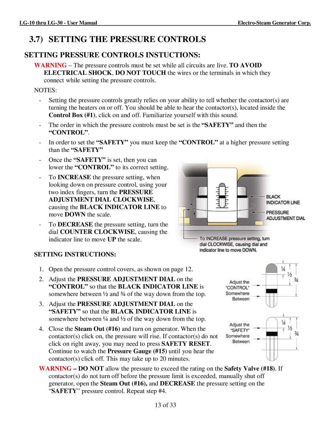 LG Electronics 10, 30 user manual Setting the Pressure Controls, Setting Pressure Controls Instuctions 