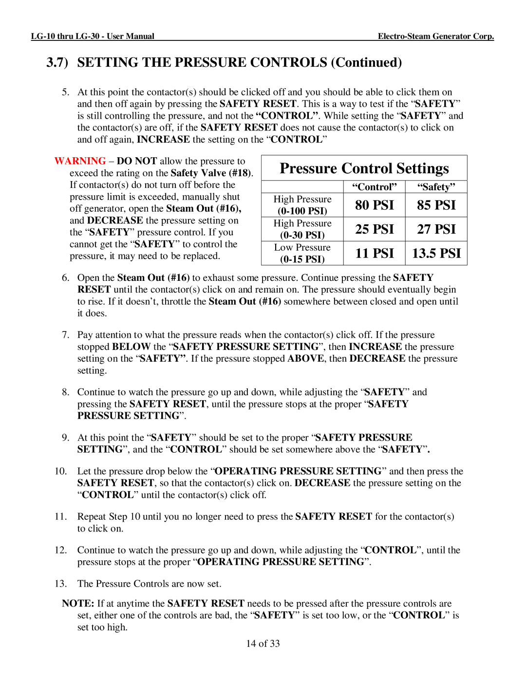 LG Electronics 30, 10 user manual Setting the Pressure Controls, PSI 85 PSI, PSI 27 PSI, PSI 13.5 PSI 