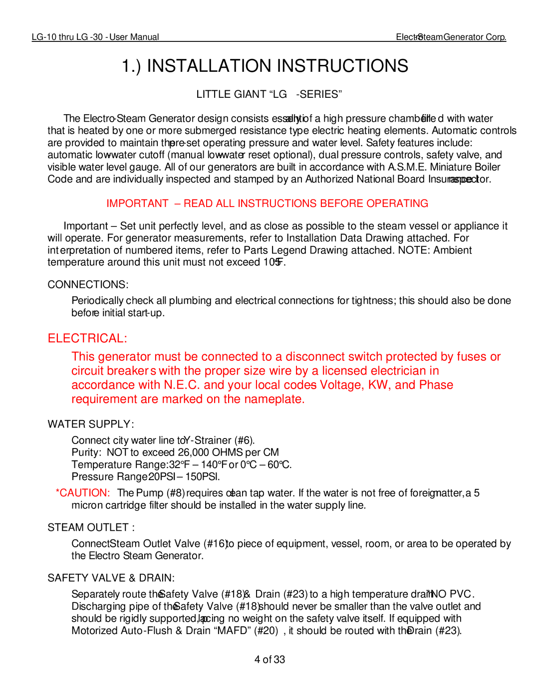 LG Electronics 30, 10 user manual Installation Instructions, Little Giant LG-SERIES 