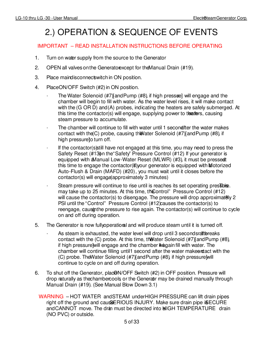 LG Electronics 10, 30 user manual Operation & Sequence of Events, Important Read Installation Instructions Before Operating 