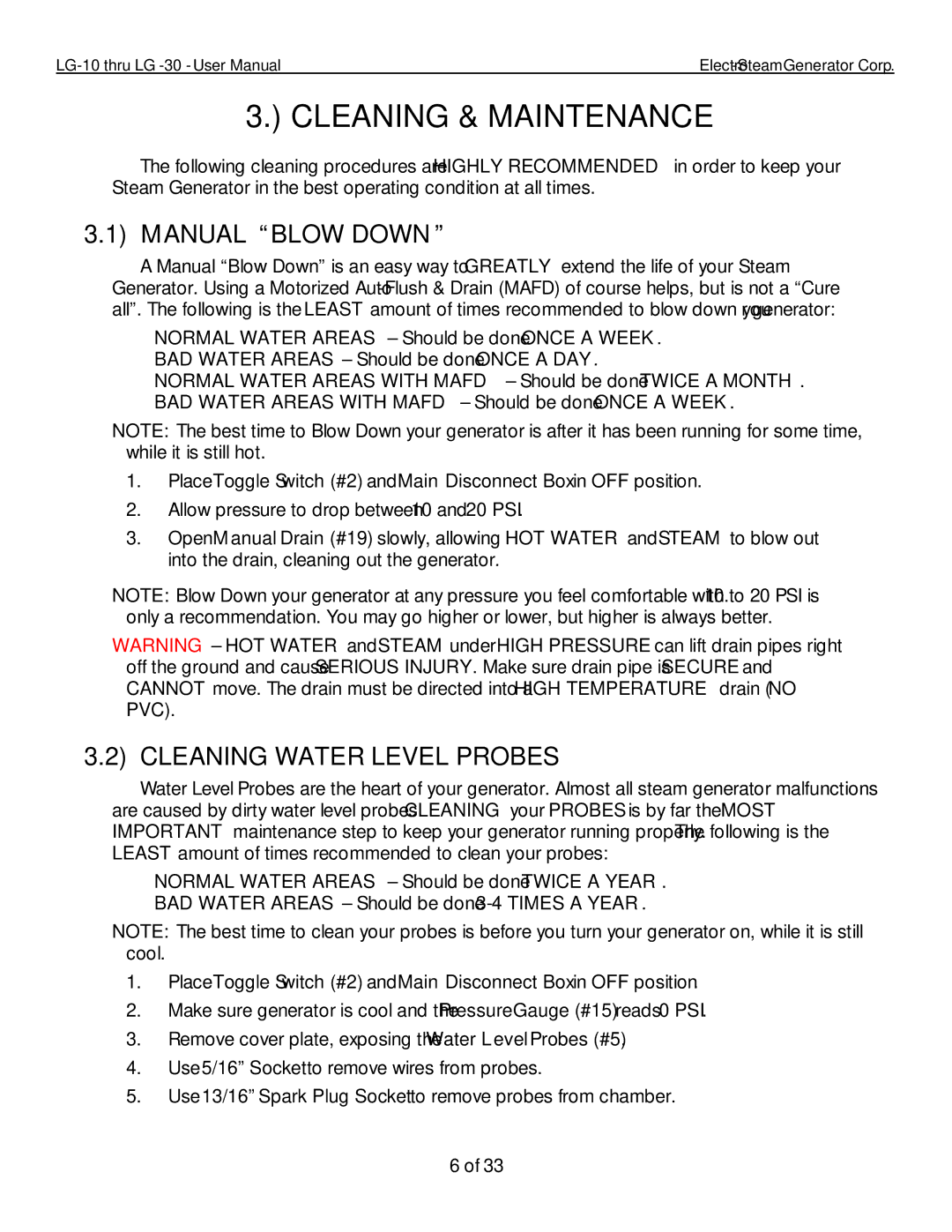 LG Electronics 30, 10 user manual Cleaning & Maintenance, Manual Blow Down, Cleaning Water Level Probes 