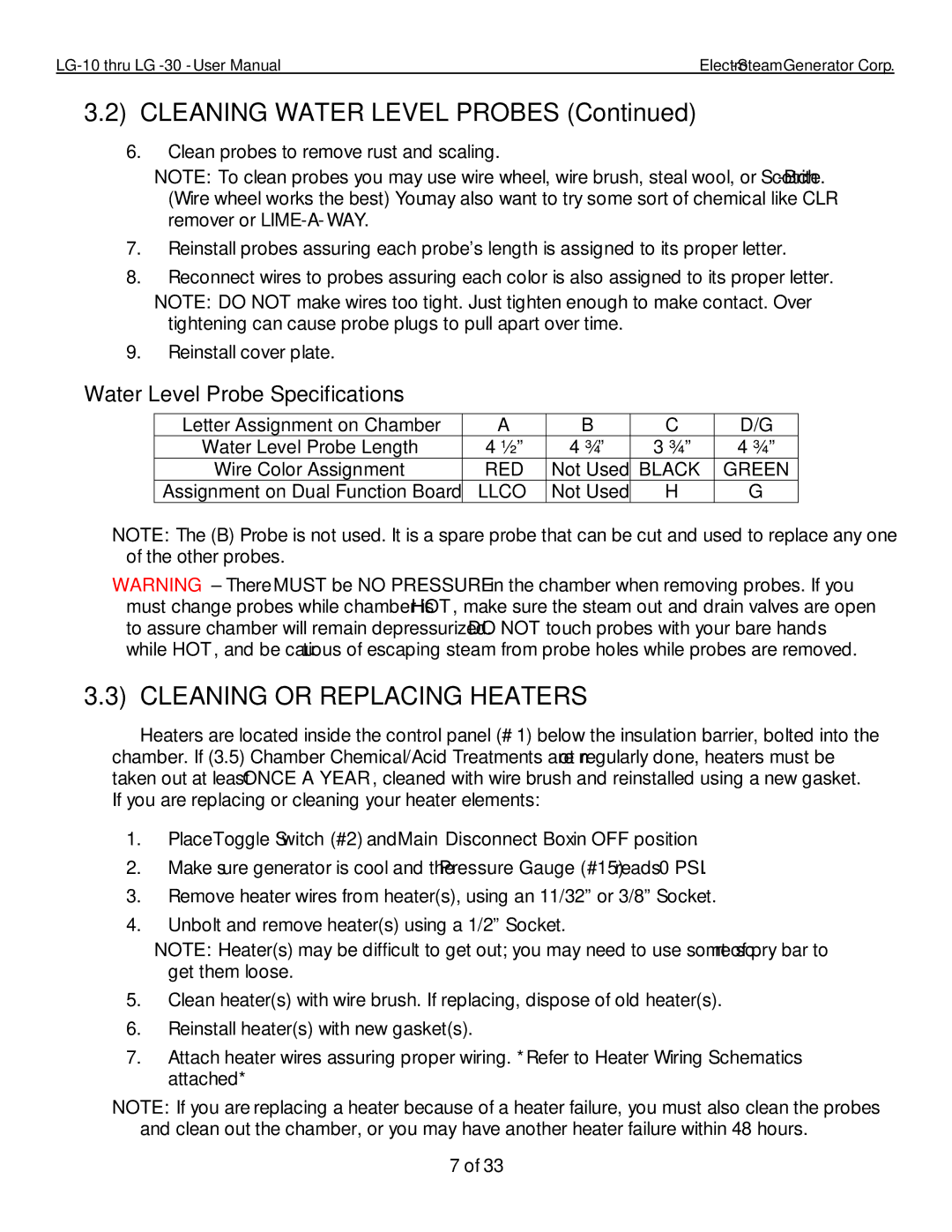 LG Electronics 10, 30 user manual Cleaning Water Level Probes, Cleaning or Replacing Heaters 