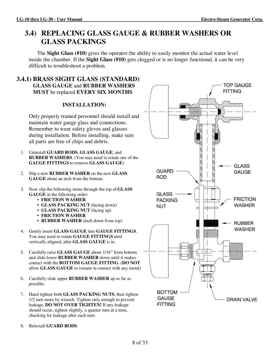 LG Electronics 30, 10 user manual Replacing Glass Gauge & Rubber Washers or Glass Packings, Brass Sight Glass Standard 