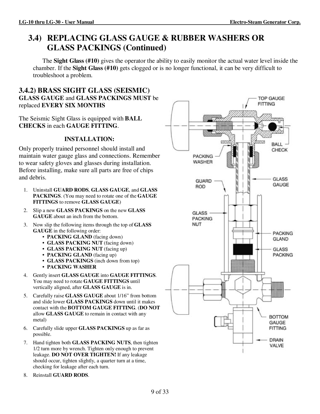 LG Electronics 10, 30 user manual Replacing Glass Gauge & Rubber Washers or Glass Packings, Brass Sight Glass Seismic 