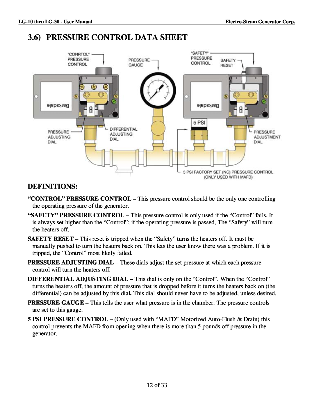 LG Electronics 30, 10 user manual Pressure Control Data Sheet, Definitions 
