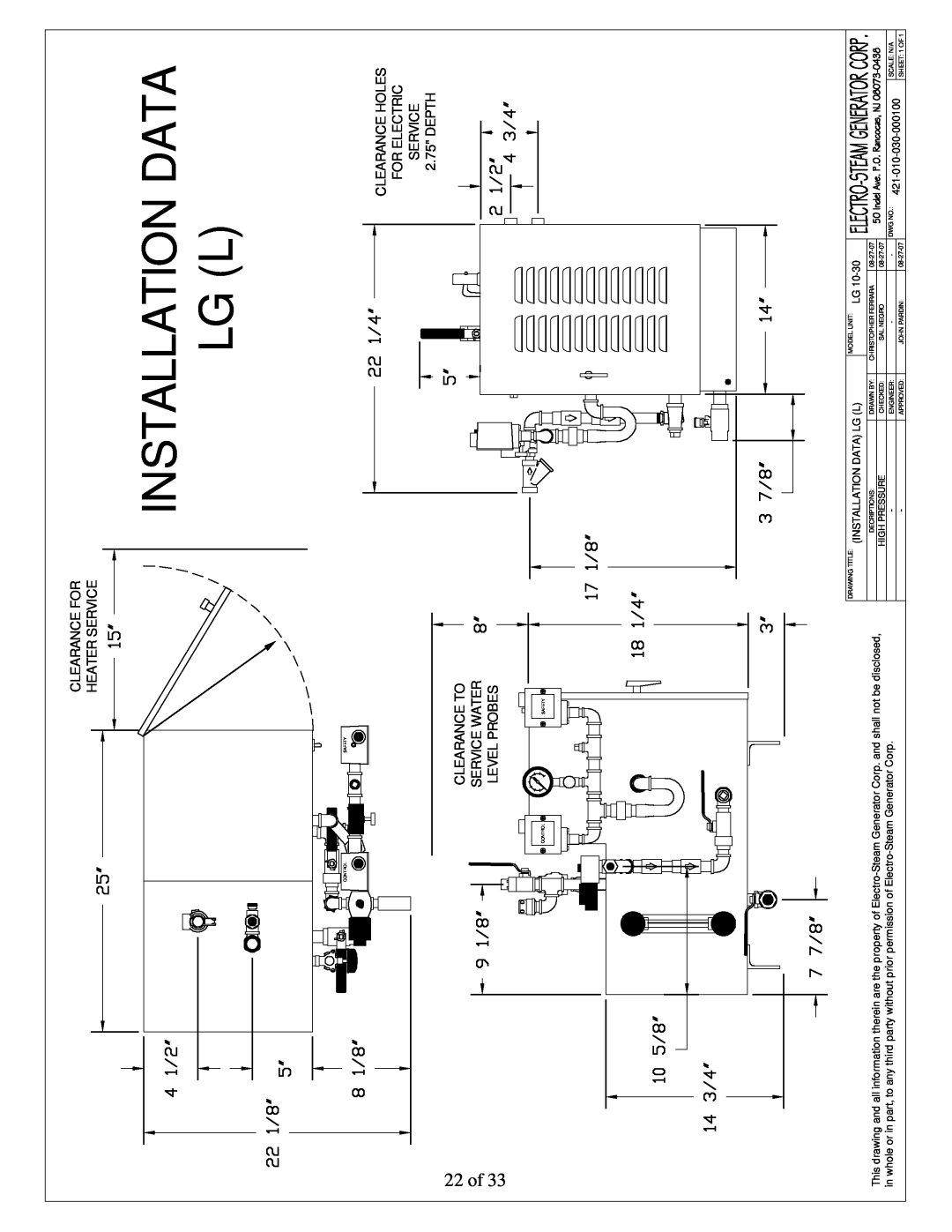 LG Electronics 30, 10 user manual Installation Data Lg L, 22 of, Clearance For Heater Service 