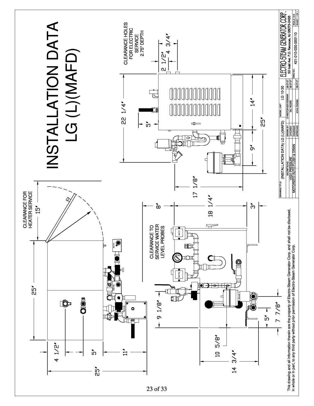 LG Electronics 10, 30 user manual Installation Data Lg Lmafd, 23 of, Clearance For Heater Service 