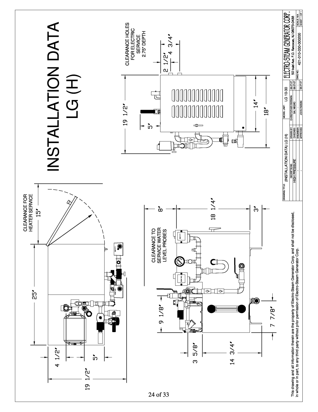 LG Electronics 30, 10 user manual Installation Data Lg H, 24 of, Clearance For Heater Service 