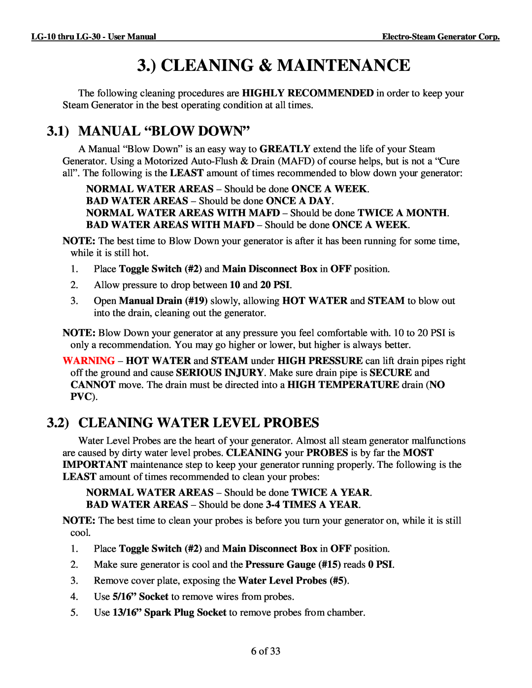 LG Electronics 30, 10 user manual Cleaning & Maintenance, Manual “Blow Down”, Cleaning Water Level Probes 