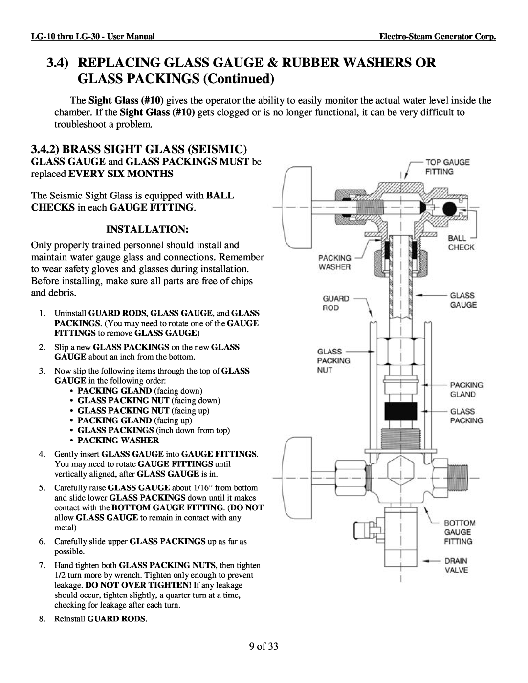 LG Electronics Brass Sight Glass Seismic, LG-10 thru LG-30 - User Manual, Electro-Steam Generator Corp, Packing Washer 
