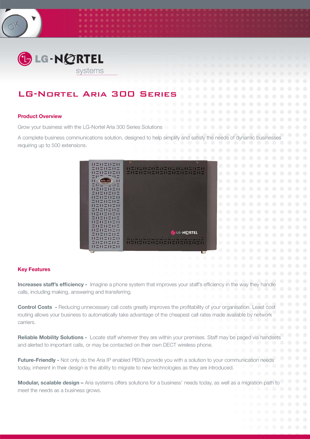 LG Electronics 300 Series manual Product Overview, Key Features 