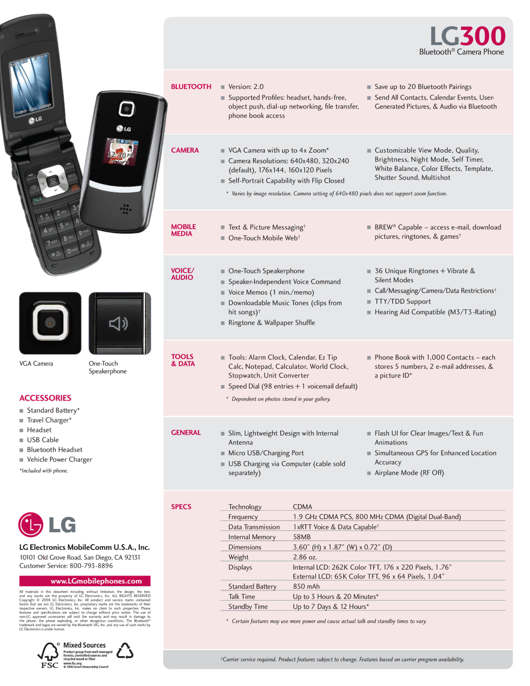 LG Electronics 300 manual Bluetooth, Camera, Mobile, Media, Voice, Audio, Tools, Data, General, Specs 