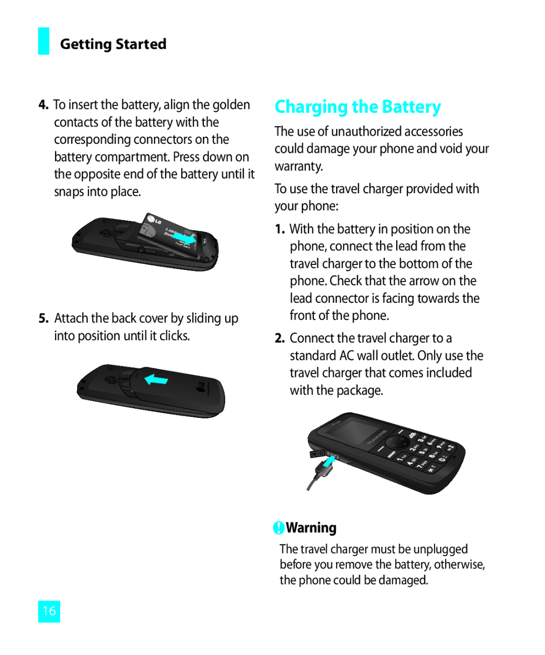 LG Electronics 300G manual Charging the Battery, Getting Started 