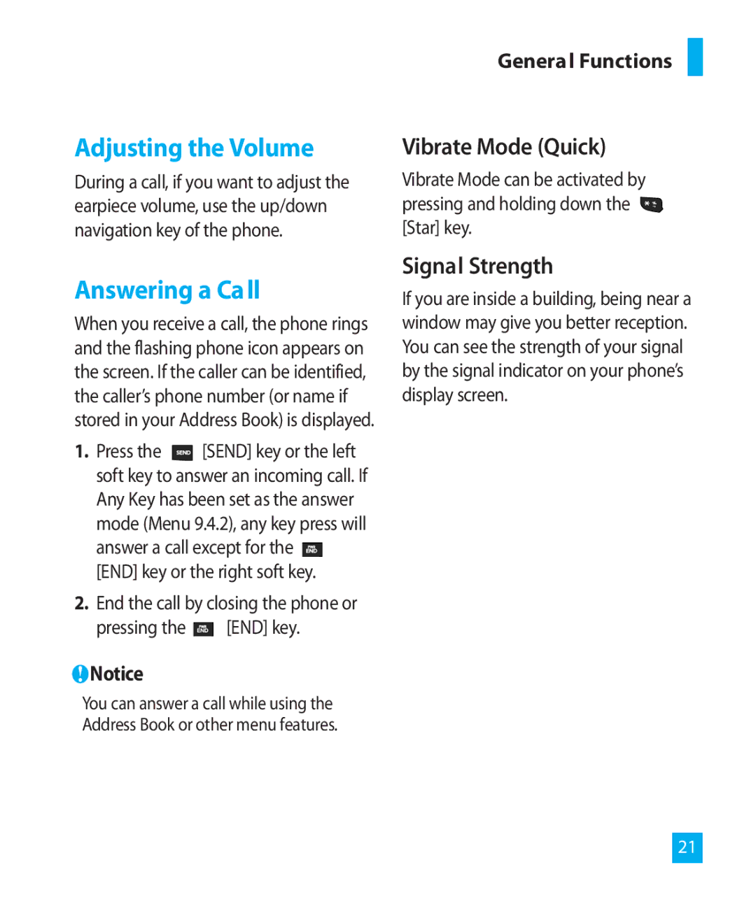 LG Electronics 300G Adjusting the Volume, Answering a Call, Vibrate Mode Quick, Signal Strength, Pressing the END key 