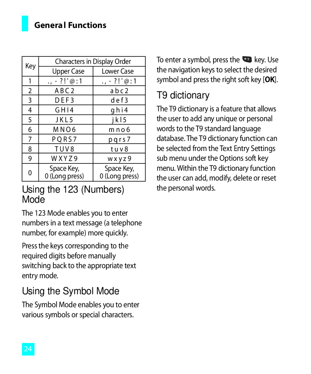 LG Electronics 300G manual Using the 123 Numbers Mode, Using the Symbol Mode, T9 dictionary 