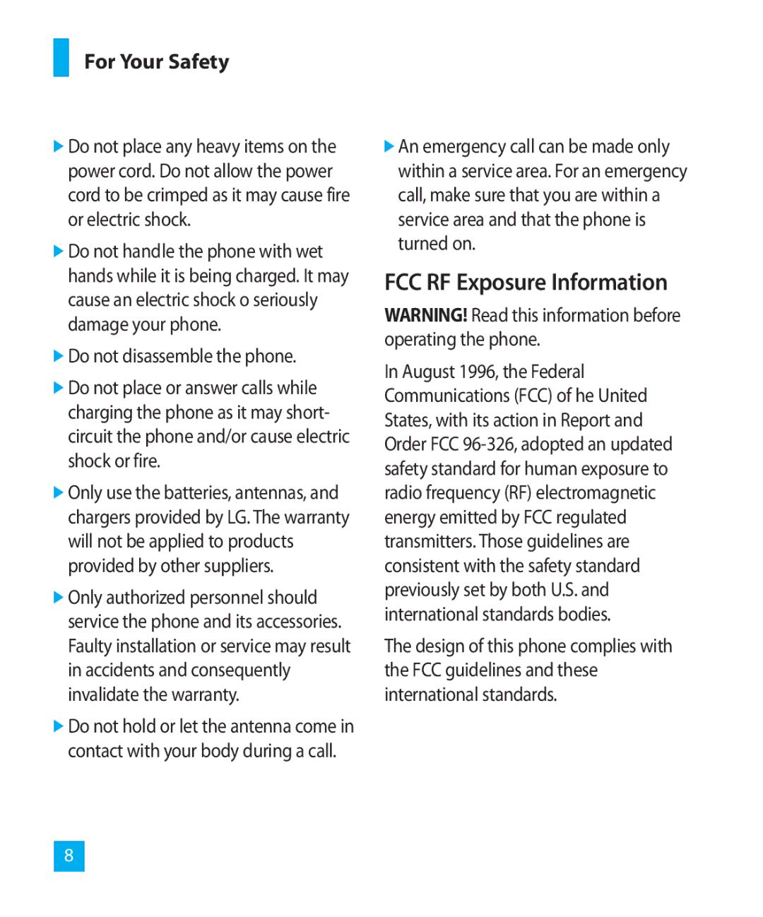 LG Electronics 300G manual FCC RF Exposure Information, Do not disassemble the phone 