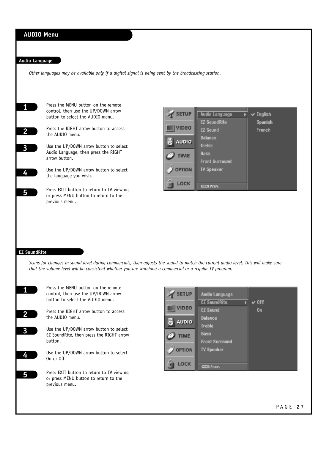 LG Electronics 30FZ1DC, 32FZ1DC-UB owner manual Audio Menu, Audio Language, EZ SoundRite 