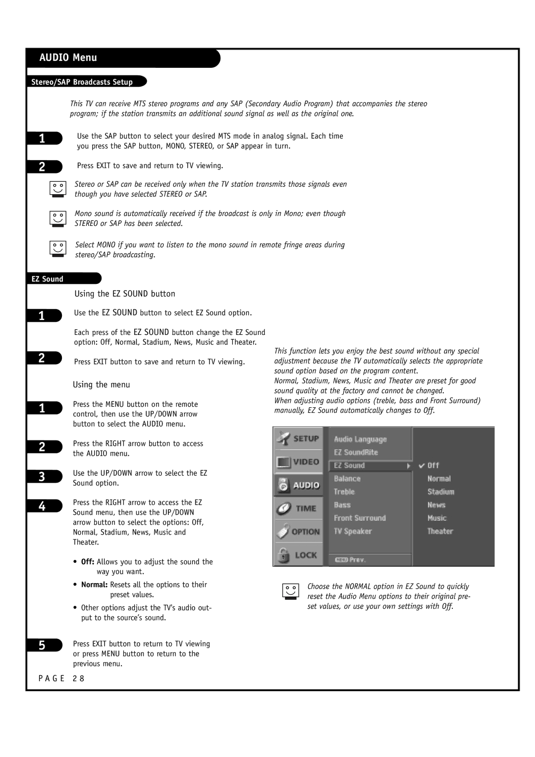 LG Electronics 30FZ1DC, 32FZ1DC-UB owner manual Using the EZ Sound button, Stereo/SAP Broadcasts Setup 