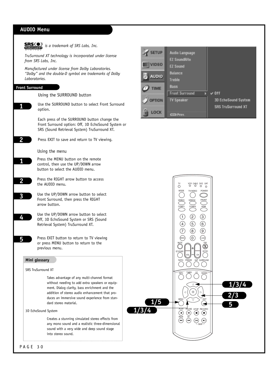 LG Electronics 30FZ1DC, 32FZ1DC-UB owner manual Using the Surround button, G E 3, Front Surround 