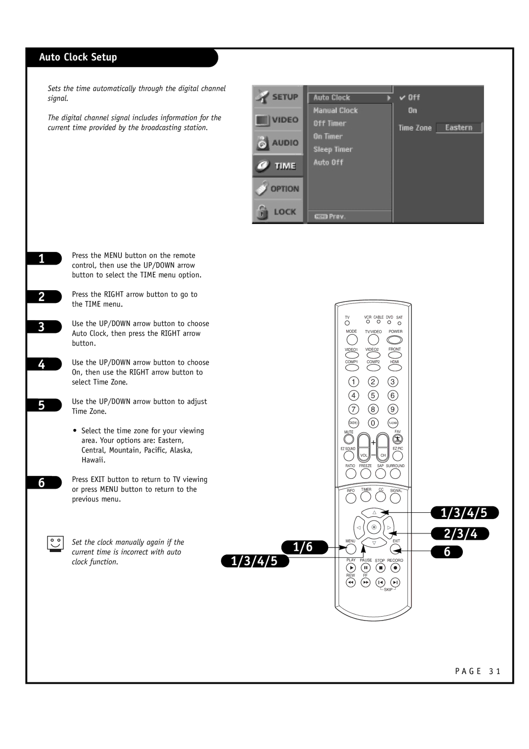 LG Electronics 30FZ1DC, 32FZ1DC-UB owner manual Auto Clock Setup 