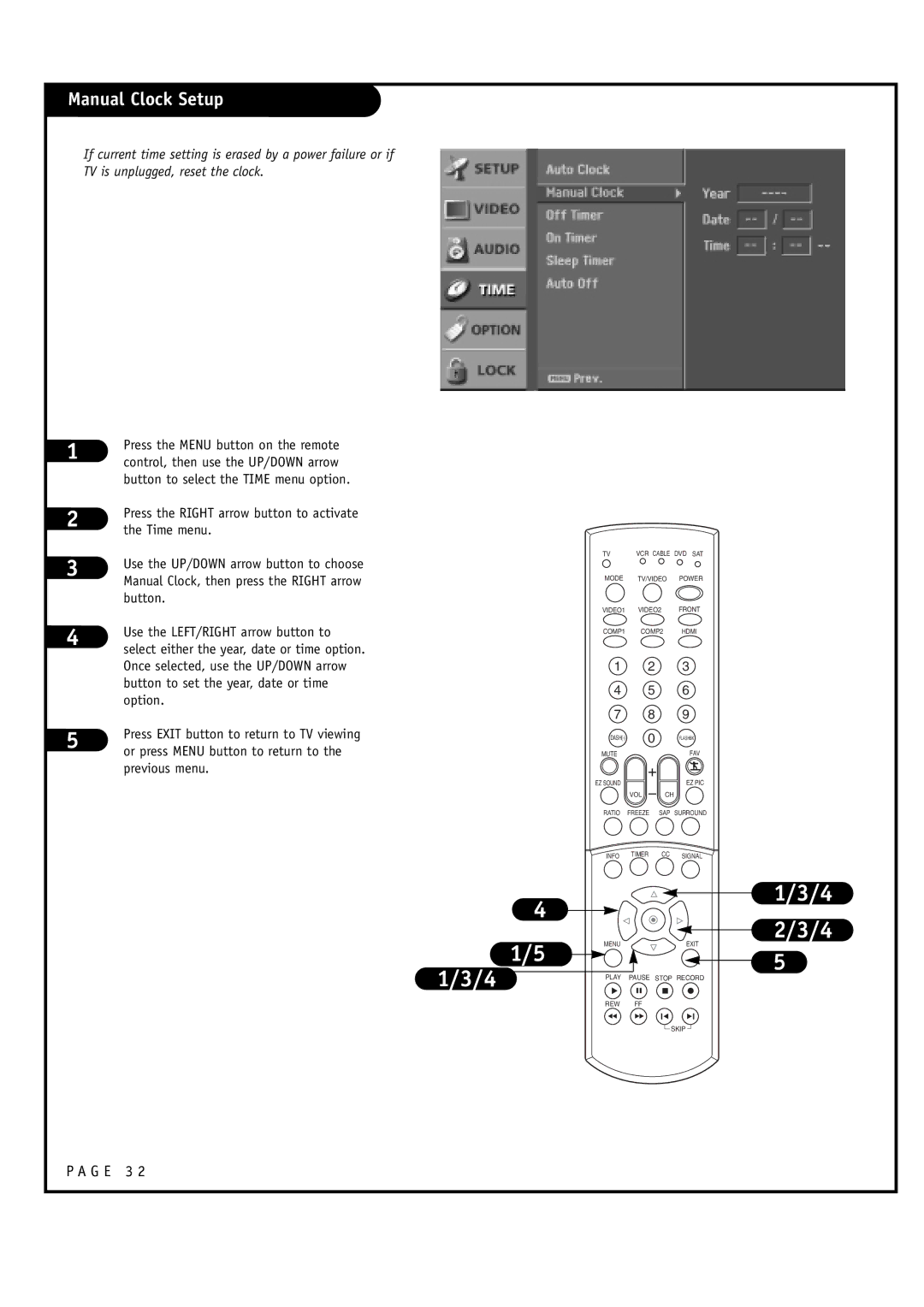 LG Electronics 30FZ1DC, 32FZ1DC-UB owner manual Manual Clock Setup 