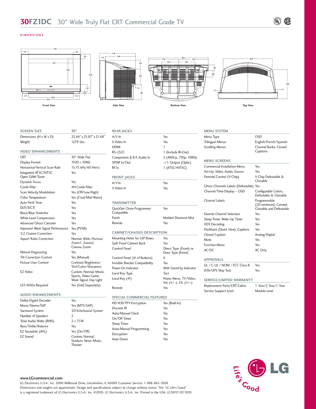 LG Electronics 30FZ1DC manual Screen Size, Video Enhancements, Audio Enhancements, Rear Jacks, Front Jacks, Transmitter 