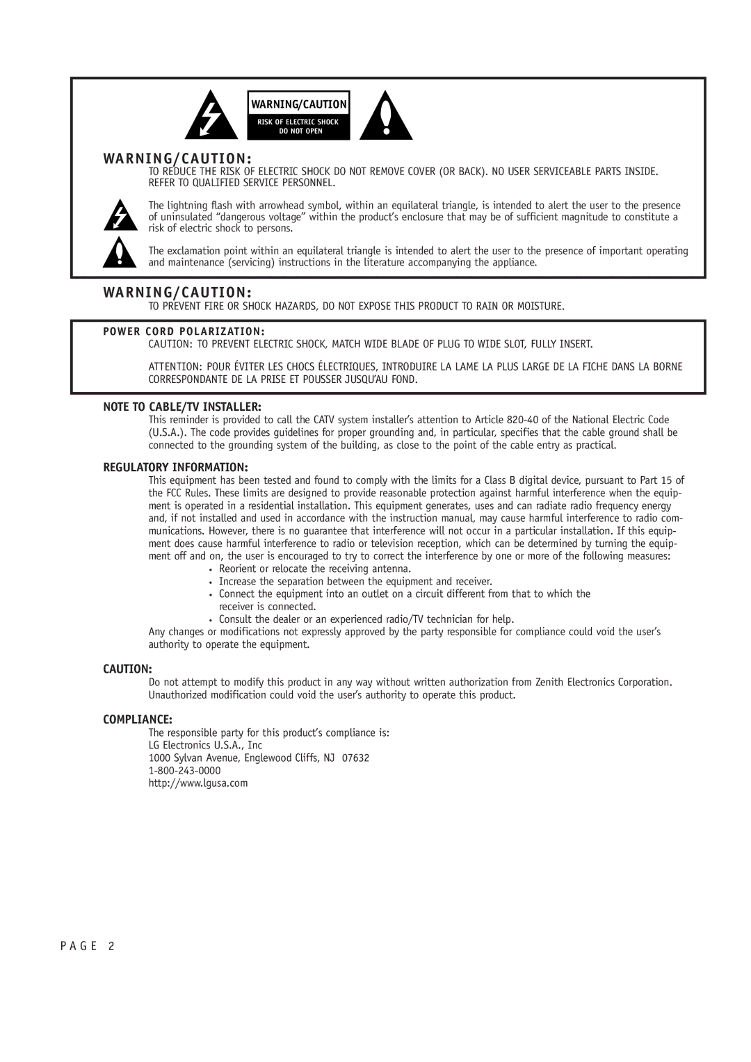 LG Electronics 30FZ4D, 32FZ4D-UA owner manual G E, Power Cord Polarization 