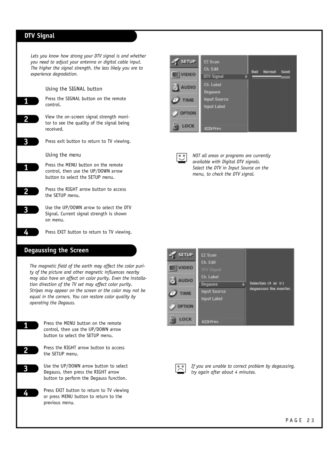 LG Electronics 32FZ4D-UA, 30FZ4D owner manual DTV Signal, Degaussing the Screen, Using the Signal button, Using the menu 