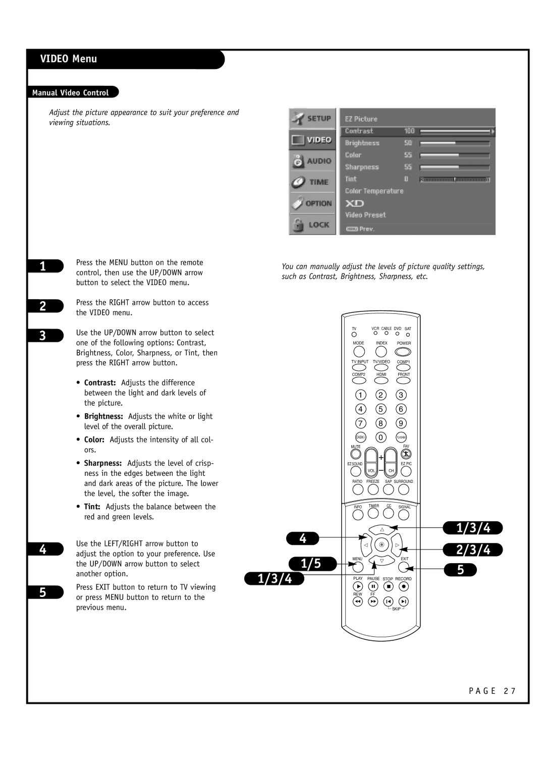 LG Electronics 32FZ4D-UA, 30FZ4D owner manual Manual Video Control 