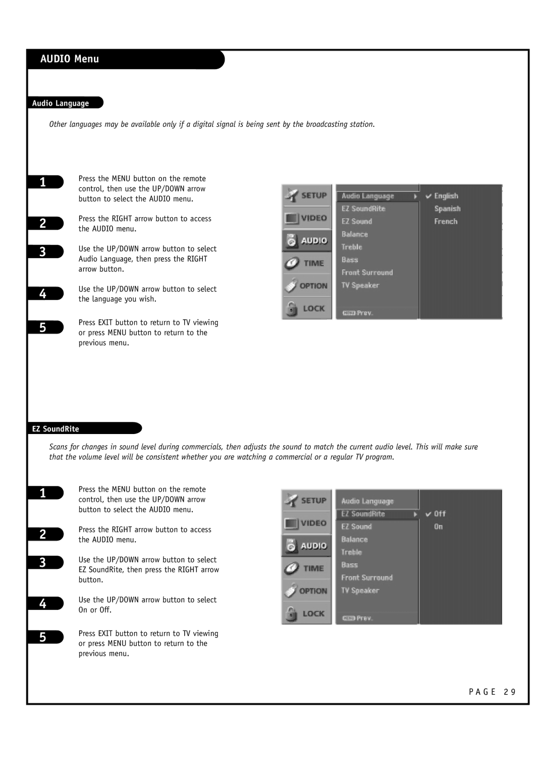 LG Electronics 32FZ4D-UA, 30FZ4D owner manual Audio Menu, Audio Language, EZ SoundRite 