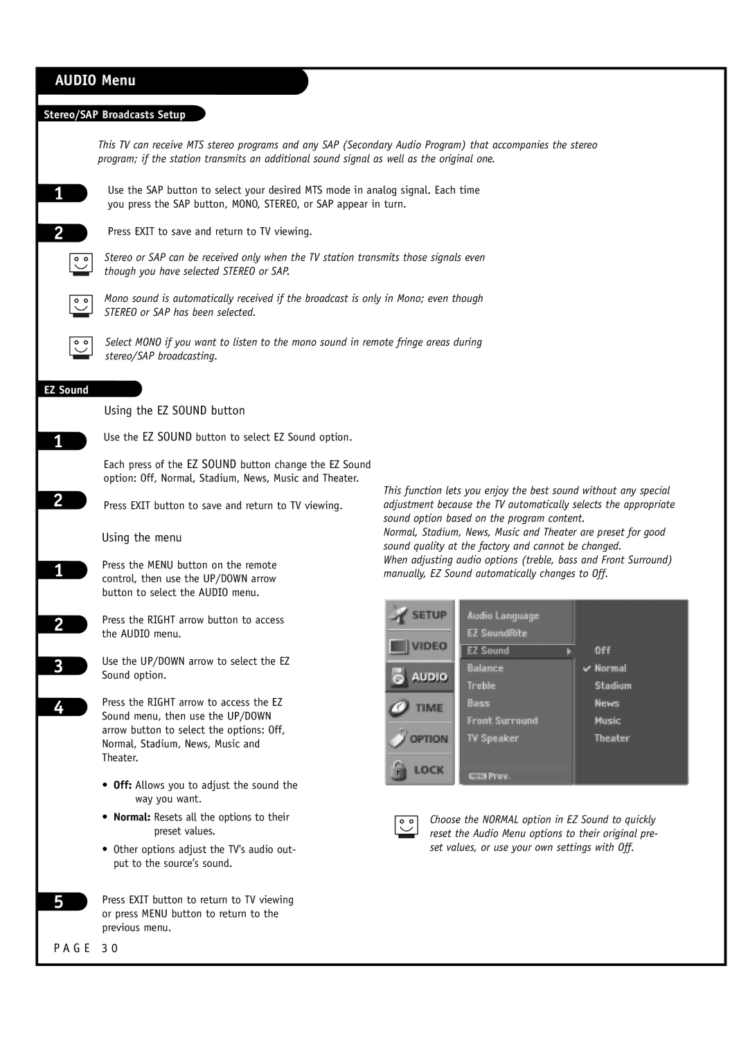 LG Electronics 30FZ4D, 32FZ4D-UA owner manual Using the EZ Sound button, G E 3, Stereo/SAP Broadcasts Setup 