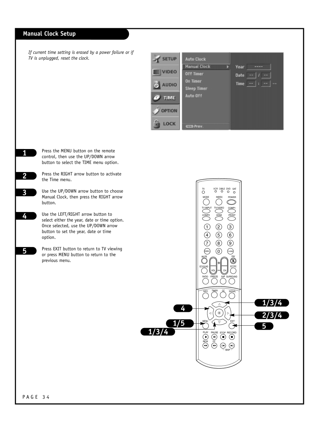 LG Electronics 30FZ4D Manual Clock Setup, Button to select the Time menu option, Button to set the year, date or time 