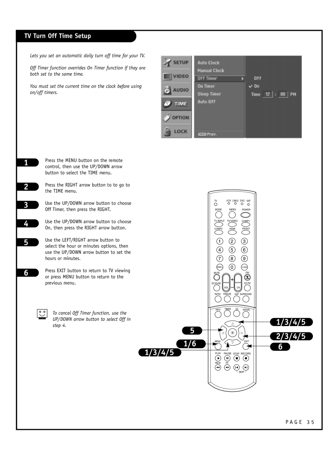 LG Electronics 32FZ4D-UA, 30FZ4D owner manual TV Turn Off Time Setup, Press the Right arrow button to to go to the Time menu 