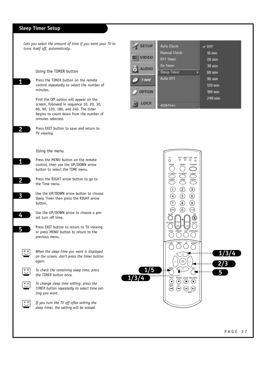 LG Electronics 32FZ4D-UA, 30FZ4D owner manual Sleep Timer Setup, Using the Timer button 