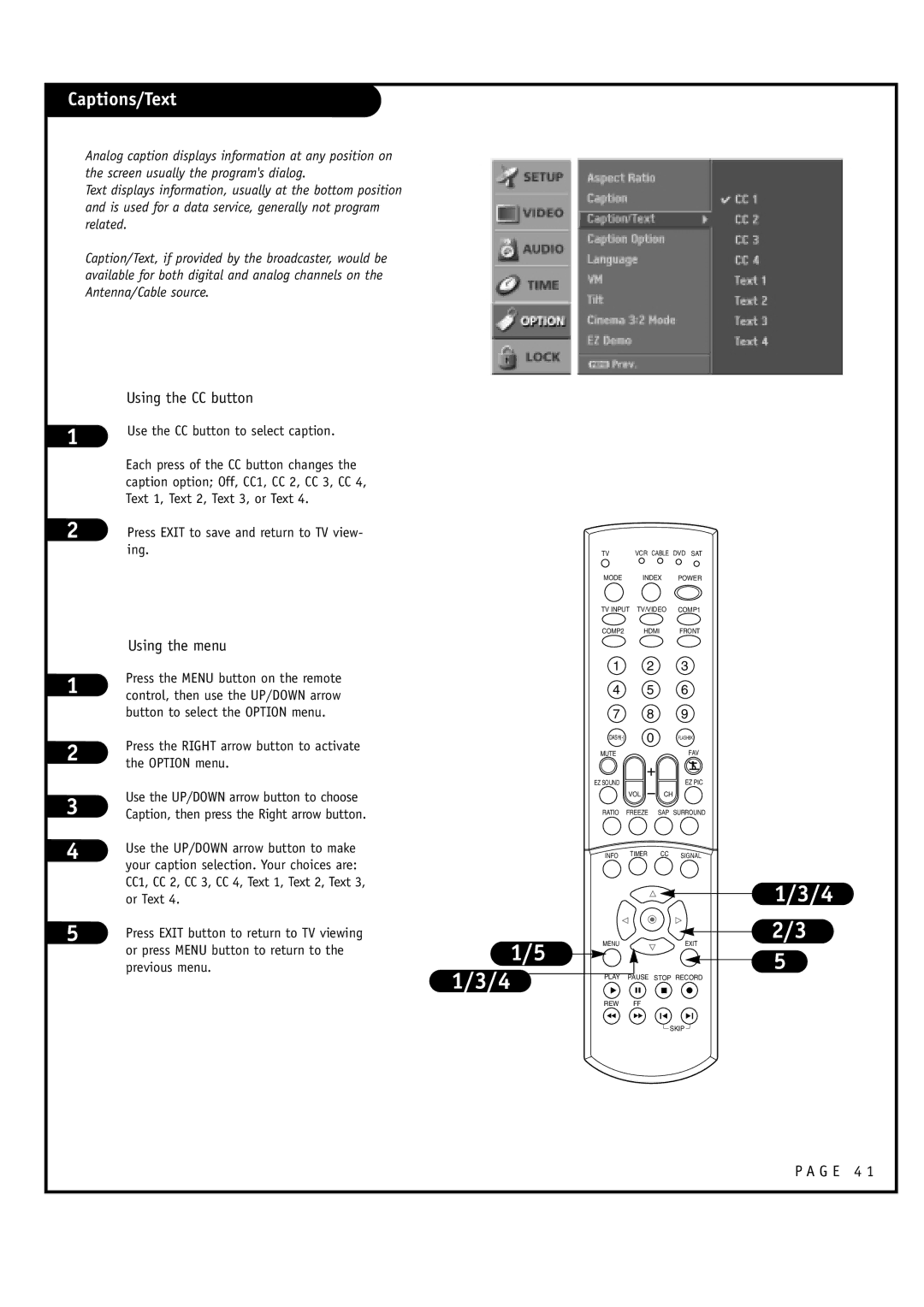 LG Electronics 32FZ4D-UA, 30FZ4D owner manual Captions/Text, Using the CC button, Button to select the Option menu, Or Text 