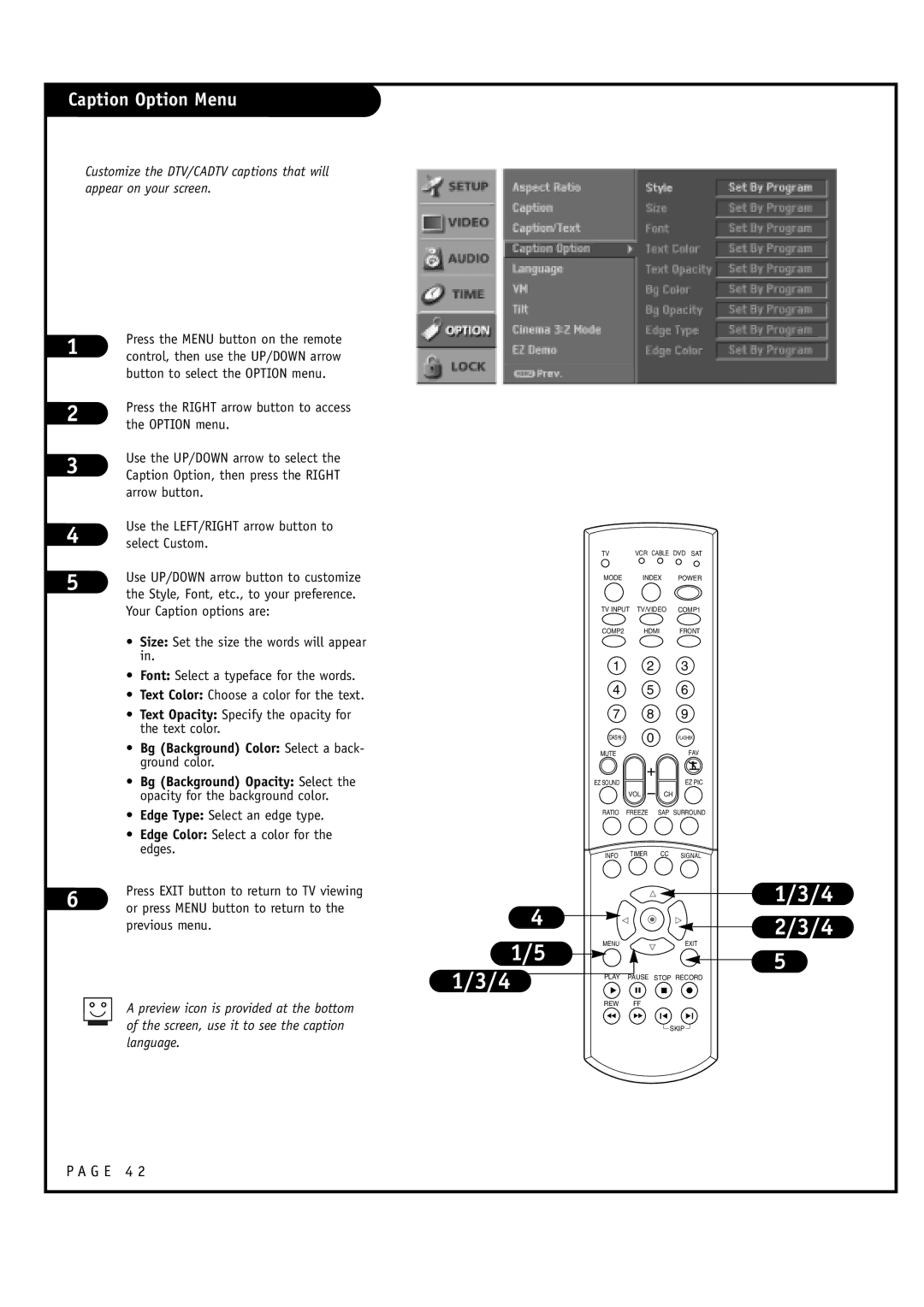 LG Electronics 30FZ4D, 32FZ4D-UA owner manual Caption Option Menu 