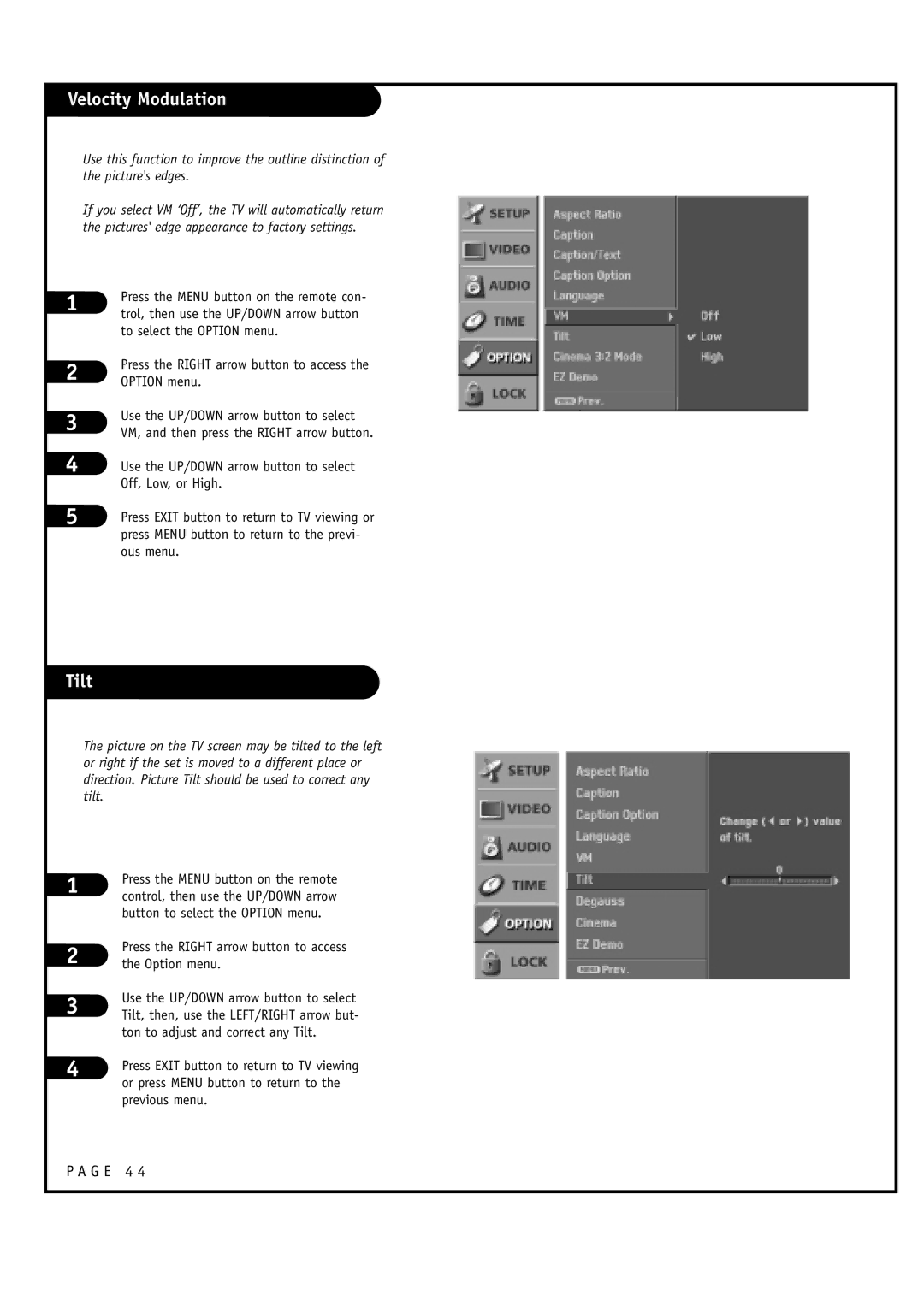 LG Electronics 30FZ4D, 32FZ4D-UA owner manual Velocity Modulation, Tilt, To select the Option menu 