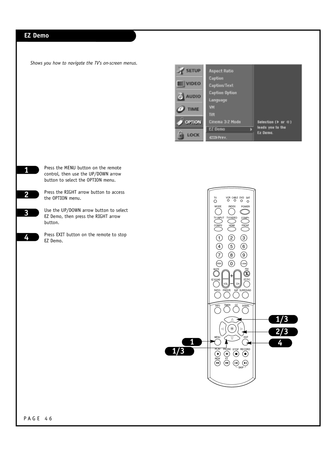 LG Electronics 30FZ4D, 32FZ4D-UA owner manual EZ Demo, Shows you how to navigate the TVs on-screen menus 